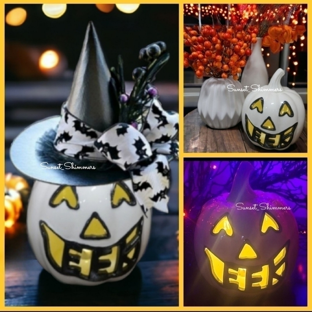 Halloween Light Up Black & White EEK Pumpkin Ceramic JACK O LANTERN NEW